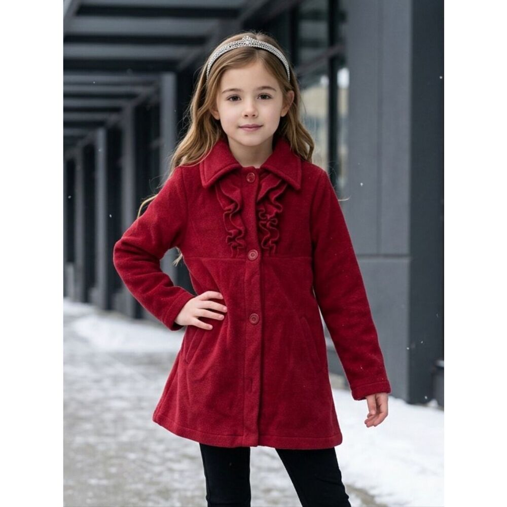 Girls Red Peacoat Children's Place Ruffle Winter Coat Buttons Satin Lined Fleece